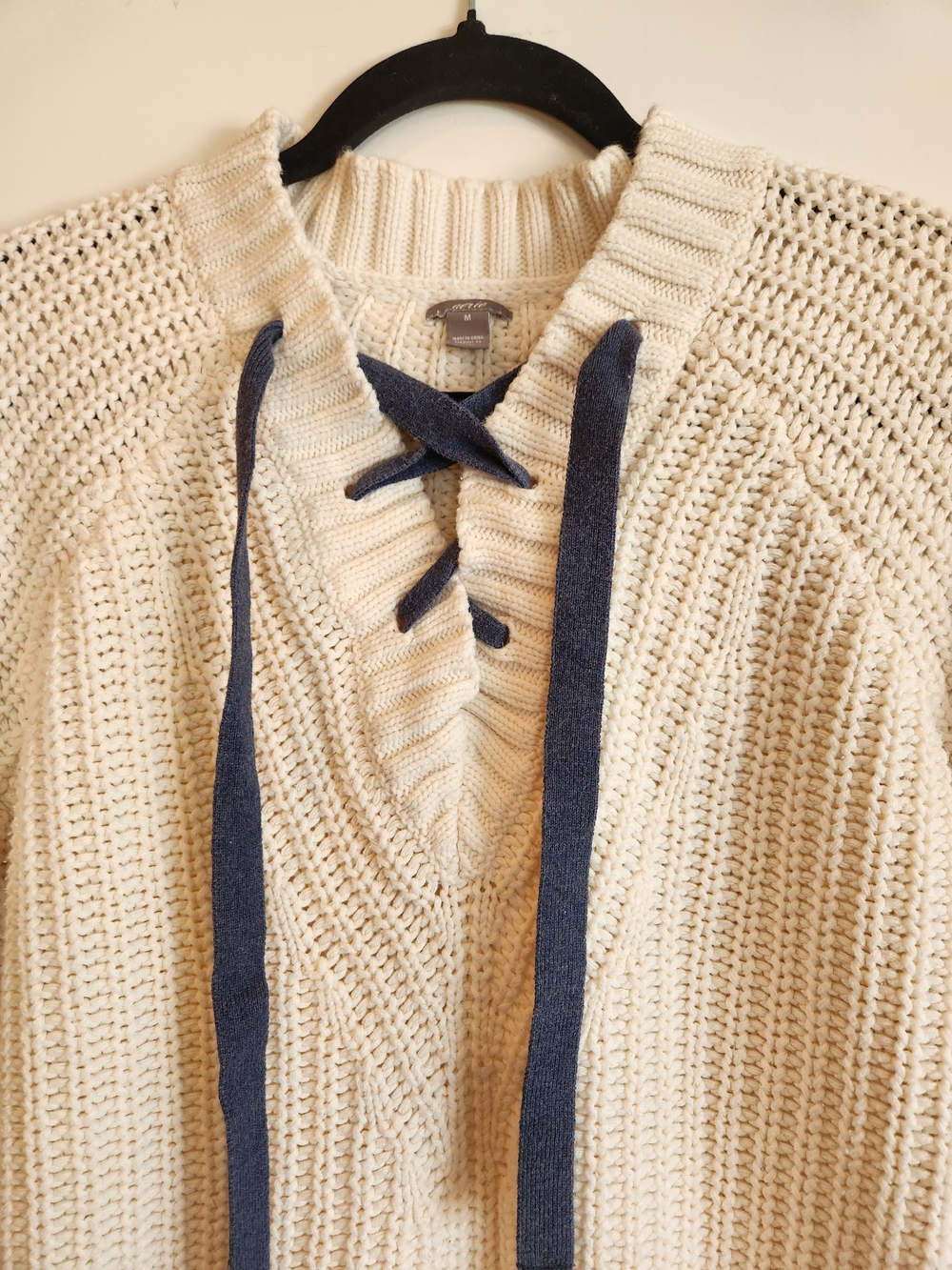 aerie Cream Lace-Up V-Neck Sweater With Navy Ties Size M Super Soft Boxy Fit - Picture 4 of 13
